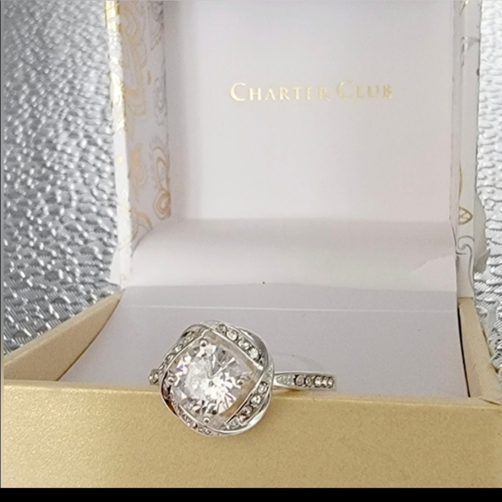 Charter Club Silver-Tone Cushion Halo Ring with Clear Center Stone